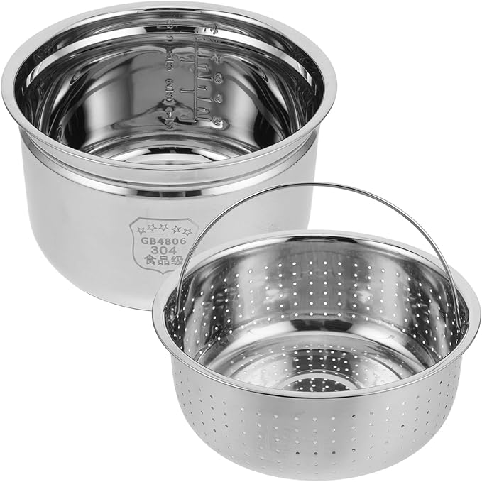 1set Stainless Steel Inner Pot for Electric Cookers Food Steamer Insert with Rice Draining Basket Multipurpose Cooker Replacement for Rice Soup and Steaming Easy to Clean