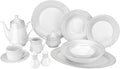 57-pc Bone China Porcelain Dinnerware Set w/Ornamented Rims Super White Elegant Dinner Set Dinner Plates Soup Plates Salad Plates Creamer Teapot Tea Cups and Saucers Set for 8