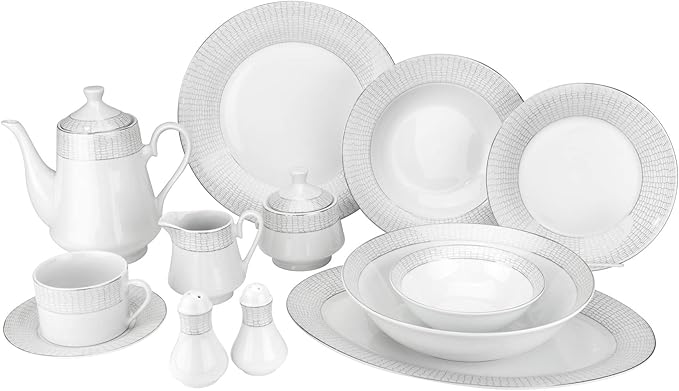 57-pc Bone China Porcelain Dinnerware Set w/Ornamented Rims Super White Elegant Dinner Set Dinner Plates Soup Plates Salad Plates Creamer Teapot Tea Cups and Saucers Set for 8