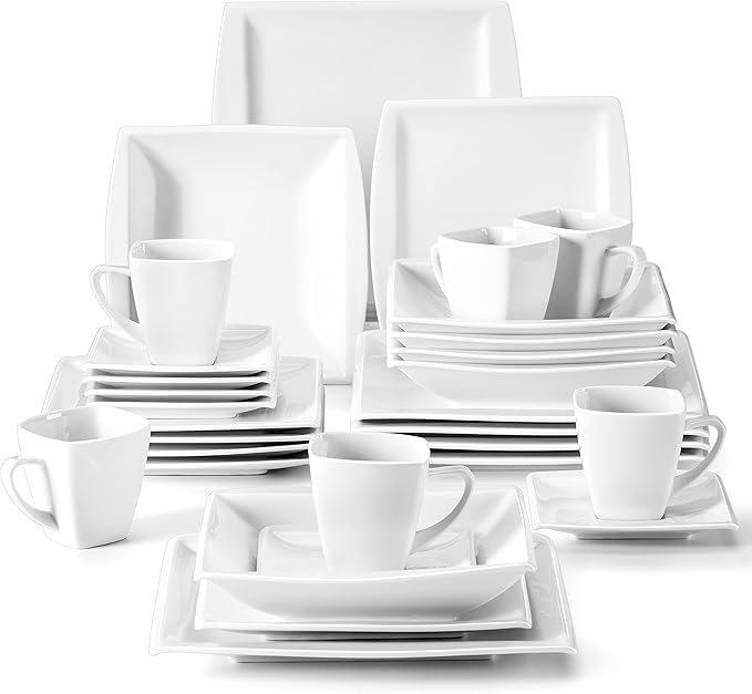 MALACASA Plates and Bowls Sets Square Dinnerware Sets for 6 (30pcs) Series Blance