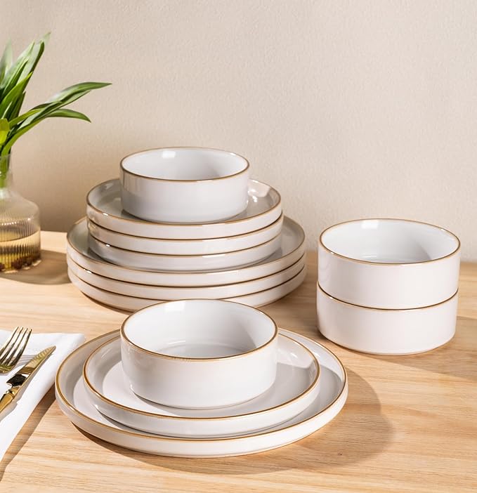 GBHOME Ceramic Dinnerware Sets for 4 12 Pieces Stoneware Plates and Bowls Sets Reactive Glaze Dishes -Scratch Resistant Dishwasher&ampMicrowave Safe-Pearl White