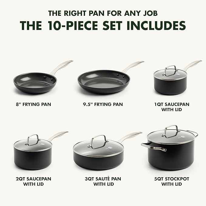 GreenPan Canterbury 10 Piece Cookware Pot and Pans Set Hard Anodized PFAS-Free Healthy Ceramic Nonstick Stainless Steel Handles Versatile Cooking Essentials Dishwasher &amp Oven Safe Clay