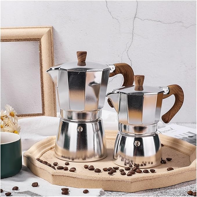 Octagonal Black Coffee Maker Double Valve Moka Pot Espresso Aluminum Alloy Stainless Steel Set(Red150ml)