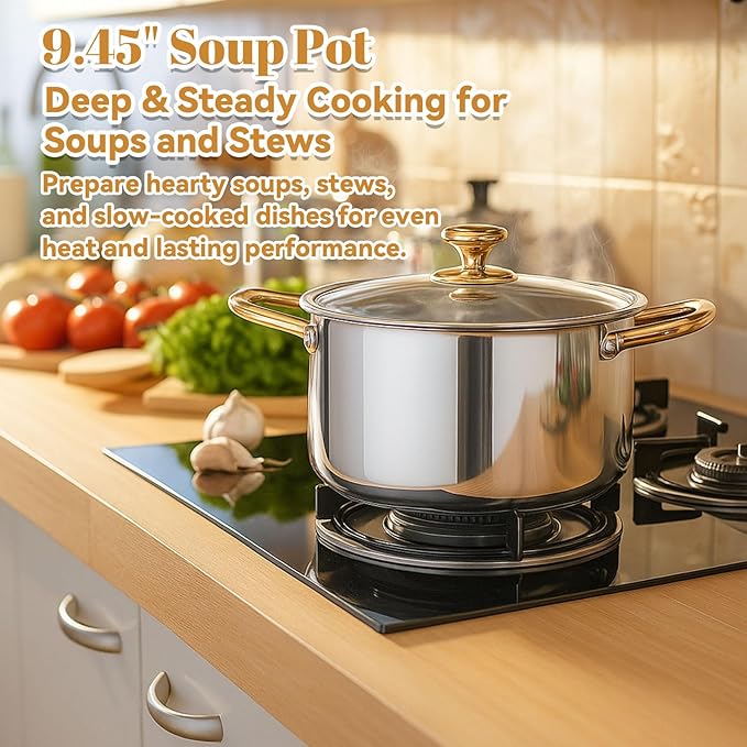 LemonRoad 2 Pieces Titanium Cookware Set 11'' and 9.45'' Pots and Pans with Lids Triply Titanium No Coat Technology Safe for Oven Induction and Cook Tops Dishwasher Safe (Pan and Soup Pot)