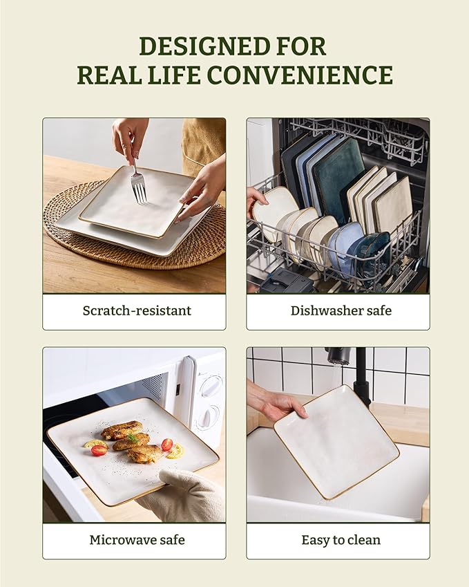 Famiware Dinnerware Sets for 4 Ocean Square 12-Piece Kitchen Plates and Bowls Sets Reactive Glaze Microwave and Dishwasher Safe Scratch Resistant Cappuccino White