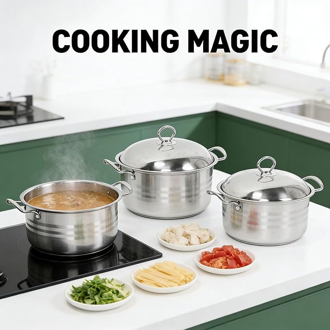Stainless Steel Pot Kitchen Cookware Set 3 Piece Even Heat Distribution Pots with Lids Anti Stick Surface - Durable Construction Versatile Use for Home and Restaurant