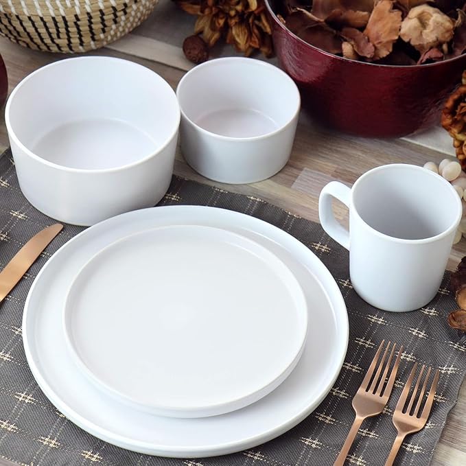 Luxmatte 20-Piece Stoneware Dinnerware Set – Modern Matte Finish Dish Set for 4 Microwave &amp Dishwasher Safe – Includes Dinner Plates Salad Plates Bowls and Mugs in Four Colors (White)
