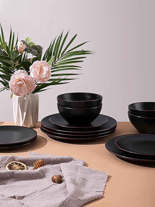 Famiware Venus Plates and Bowls Sets with Coffee Mugs Set 18 Pieces Stoneware Dinnerware Sets Black