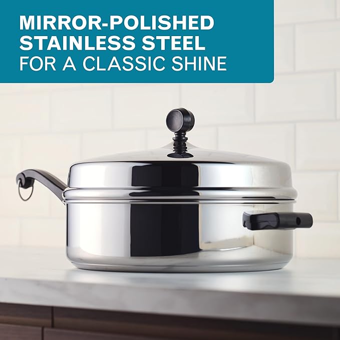Farberware Classic Series Anniversary Edition Stainless Steel Sauté Pan and Lid with Helper Handle Induction Suitable 6 Quart Jumbo Cooker Metal Utensil Safe - Stainless Steel