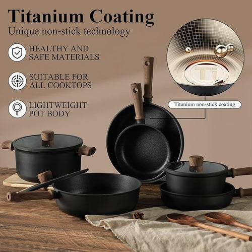 13 pcs Pots and Pans Set Nonstick Cookware Sets black Titanium nonstick coating Induction Cookware Non Stick Cooking Set Frying Pans &amp Saucepans PFOS PFOA Free (13 PCS)