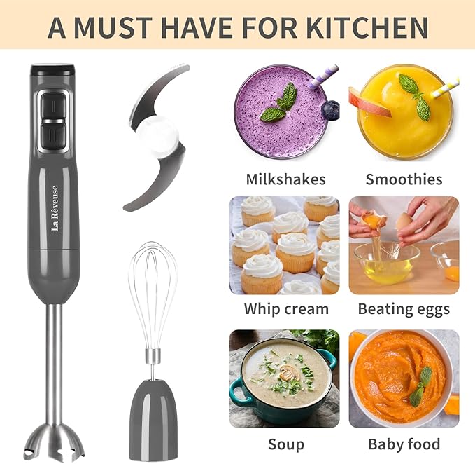 La Reveuse Immersion Blender Handheld 3 in 1 300 Watts 2 Speeds Multi-purpose with WhiskMixing BeakerFood Chopper Grinder attachments