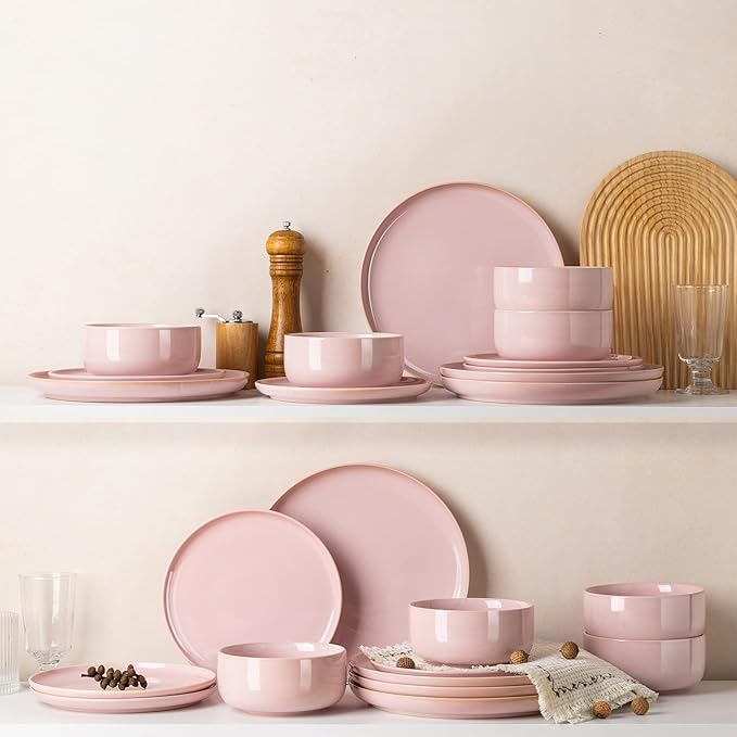 TheTerra Ceramic Dinnerware Sets for 4 12 Pieces Handmade Reactive Glaze Plates and Bowls Set Scratch Resistant Dish Set Oven &amp Microwave &amp Dishwasher Safe Sakura Pink