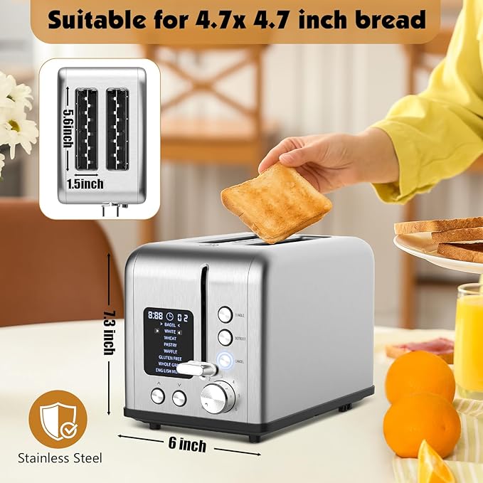2-Slice Bagel Toaster Stainless Steel with Screen- Single Slice Function for Single-Sided Stuffed Bagel 8 Bread Types 6 Browning Levels LED Countdown Timer Defrost/Reheat/Cancel 825W