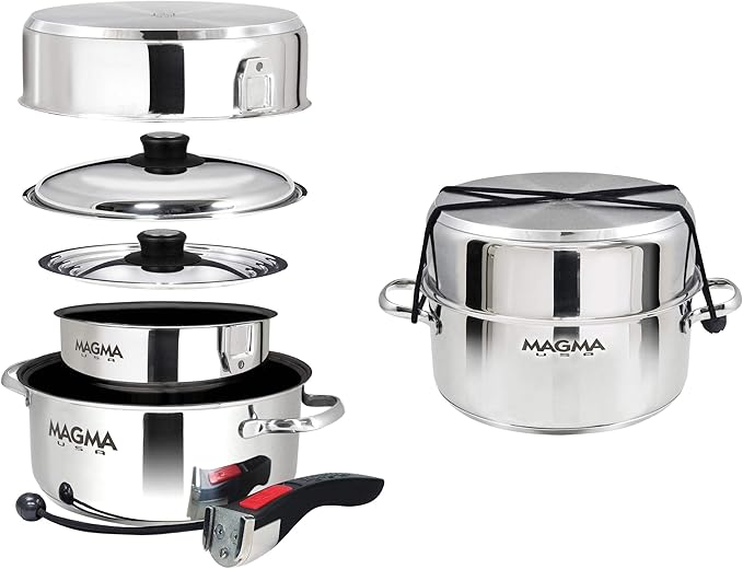 Magma 7 Piece Gourmet Nesting Stainless Steel Cookware Set with Ceramica Non-Stick Induction Compatible Oven Safe to 500°F - Suitable for All Stovetops Removable Handles Stainless Steel