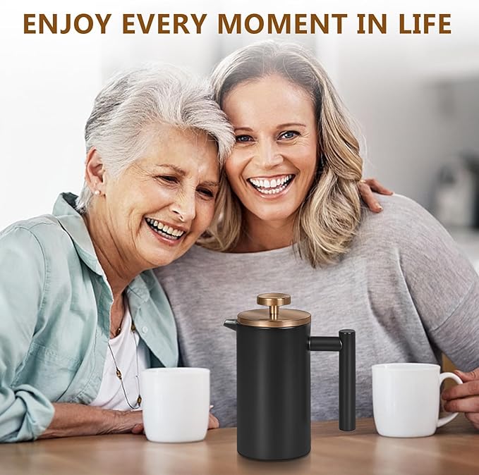 Black Mini French Press Coffee Maker 12oz Single Cup French Press with Rose Gold Lid 3 Extra Filters &amp 1 Gold Spoon(350ml Compact Travel Size) Dishwasher Safe