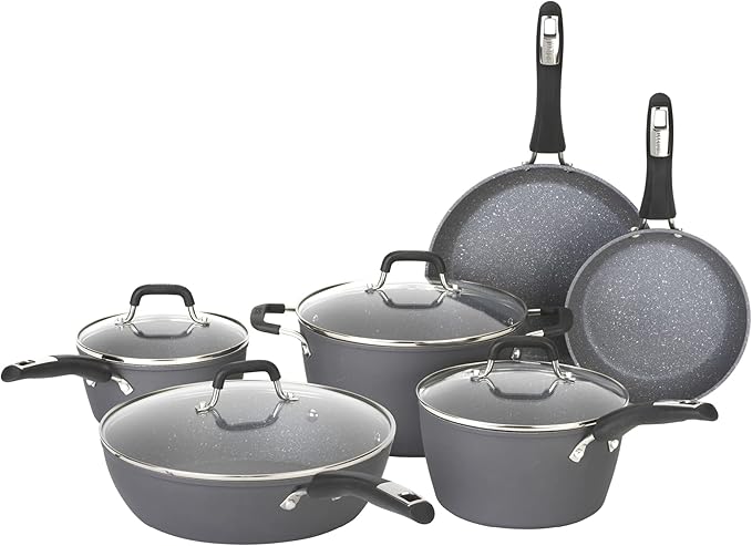Bialetti Impact 10-Piece Textured Aluminum Cookware Set with Pots Pans and Dutch Oven Nonstick Pots and Pans Set for Kitchen Gray