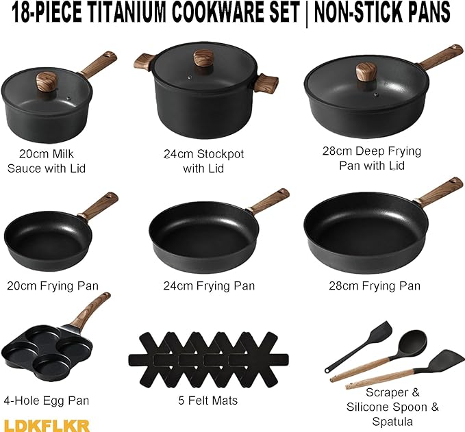 Non-Stick Titanium Cookware Set Multi-Functional Frying Pans Sauce Pans with Lids Cooking Pot Sets Pots and Pans Set with All Stovetops for Boiling/Stir-Frying/Stewing18Piece
