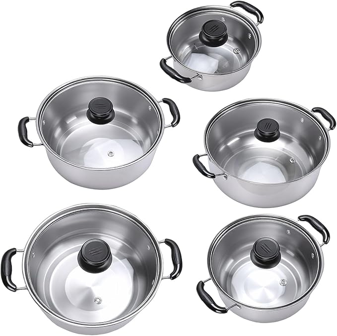 5PCS Stainless Steel Cookware Set Glass Lids Kitchen Cooking Pot Set with Transparent Cover for Induction Cooktop Stove