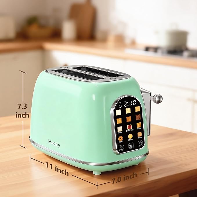 Mecity Toaster 2 Slice Touch Screen Wide Slot Retro Toaster For Breads Bagel Muffin Waffle House Warming Gift New Home 120V 825W Light Green