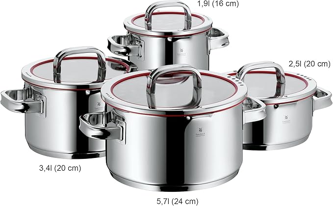 WMF Function 4 Induction Saucepans Set of 4 Polished Cromargan Stainless Steel Glass Lid with 4 Pouring Functions Induction Pots Internal Scale