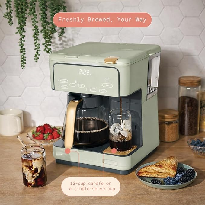 Multi Brew Coffee Maker with Single Serve and Carafe Brewing Options for Countertop Home Use (Sage Green)