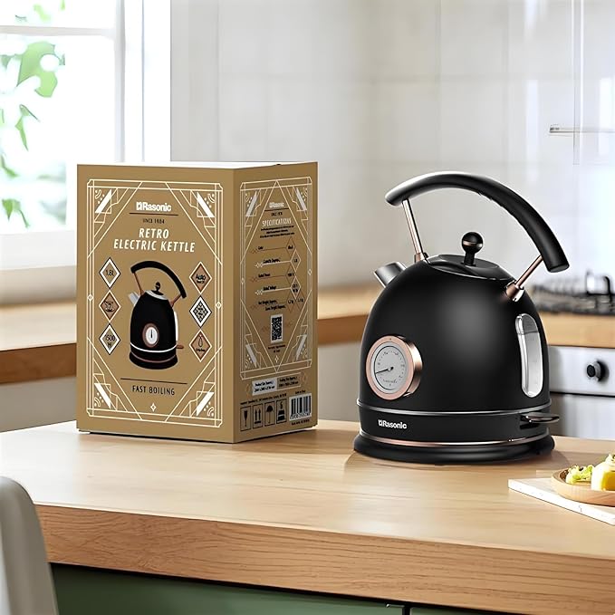Rasonic Retro Electric Kettle Stainless Steel 1.8L Tea Water Boiler 1500W Fast Quiet Boil Temperature Gauge Auto Shut-Off Boil-Dry Protection Matt Black and Rose Gold