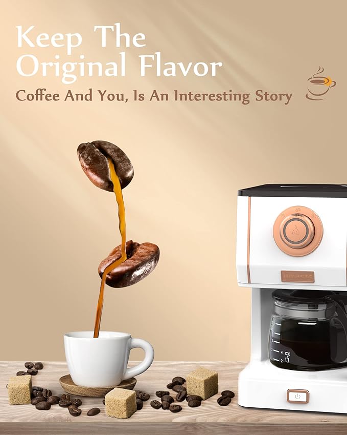Amaste Retro Style Coffee Machine with 25 Oz Glass Coffee Pot Reusable Coffee Filter &amp Three Brewing Modes Warming Plate Elegant White with Rose Gold