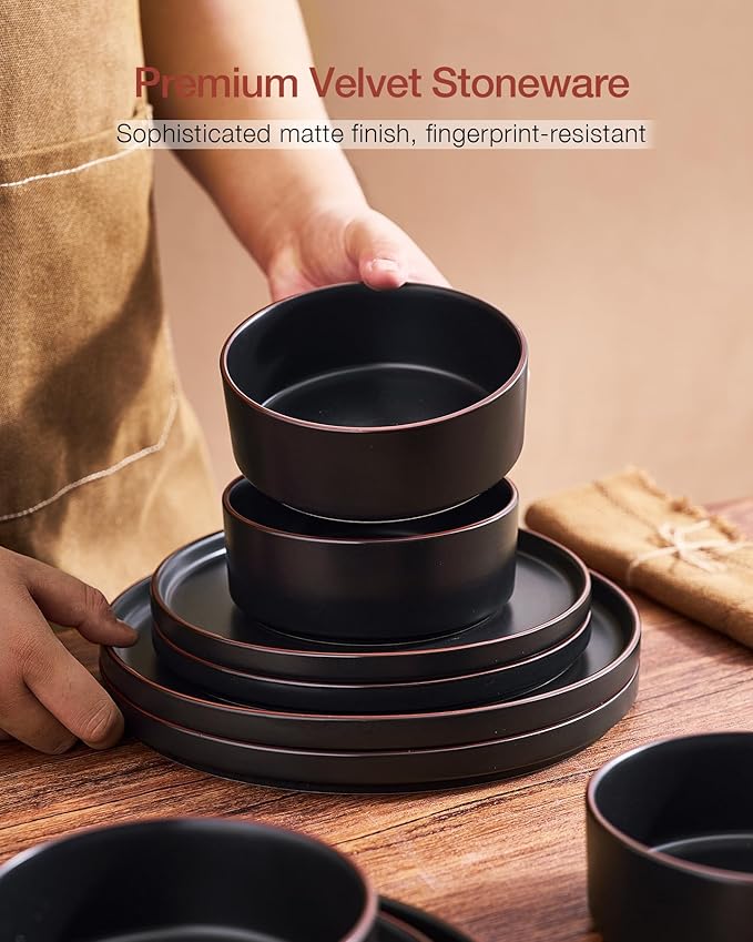 Famiware Nebula Ridge Stoneware Dinnerware Sets for 8 24 Pieces Plates and Bowls Sets Dishes Set Microwave and Dishwasher Safe Kitchen Plates Matte Black