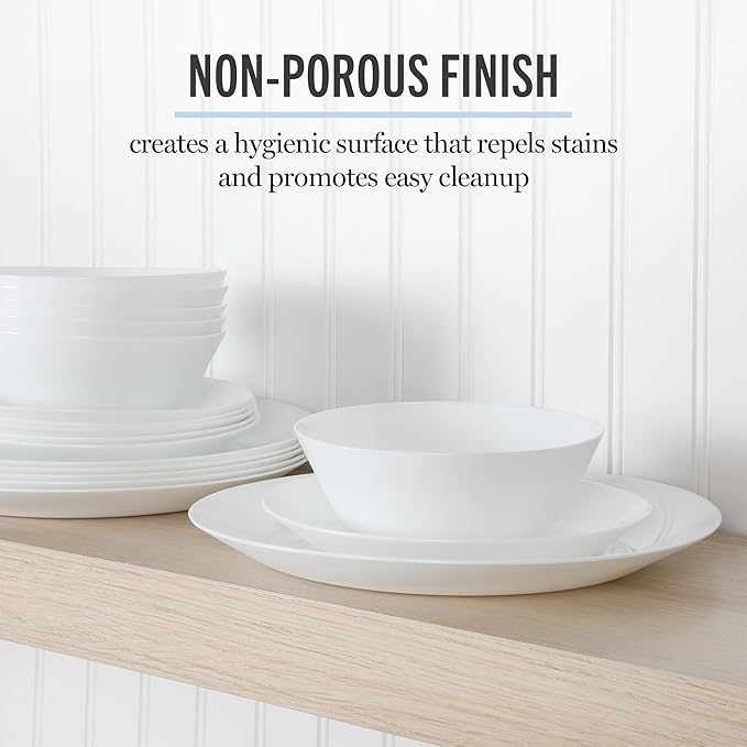 Martha Stewart Opalton 18-Piece Dinnerware Set – Chip and Break Resistant Opal Glass Plates and Bowls Lightweight White Dinner Set for 6 Microwave and Dishwasher Safe