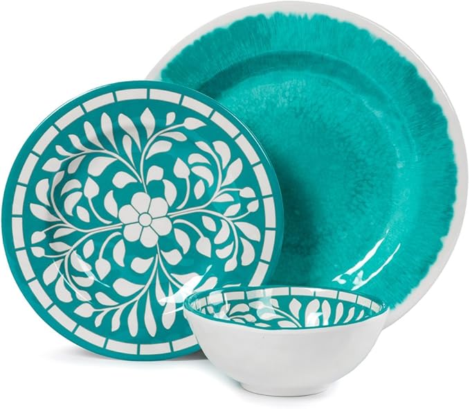 Melamine Dinnerware Sets -12 Piece Plates and Bowls Set for Indoor and Outdoor Use LightweightTeal colorGreen