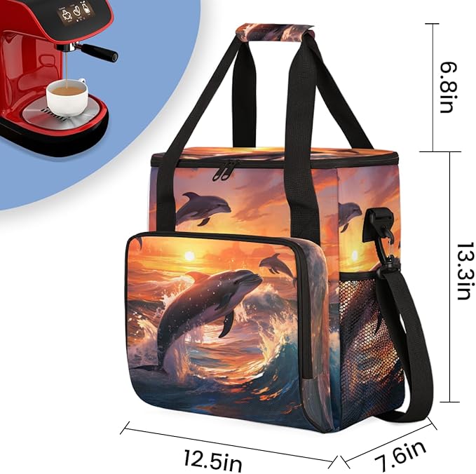 Dolphin Sunset Coffee Maker Carrying Bag Portable Travel Storage Tote Bag Compatible with K-Mini or K-Mini Plus Single Serve Coffee Brewer Carrying Case with Multiple Pockets &amp Shoulder Strap