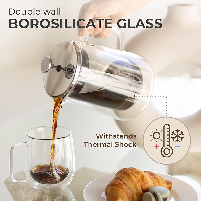 Kaffe Glass French Press Coffee Maker (27oz / 0.8L) - Double-Wall Insulated Borosilicate Glass Coffee Press - Travel &amp Camping - Homemade French Press Coffee