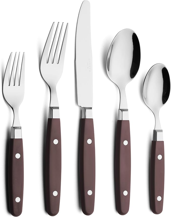 ANNOVA Silverware Set Retro/Rivet Colorful Stainless Steel Tableware Kitchen Flatware Set Utensils Includes Dinner Knives Forks Spoons Salad Forks &amp Dessert Spoons (Chocolate Brown 20 Pieces