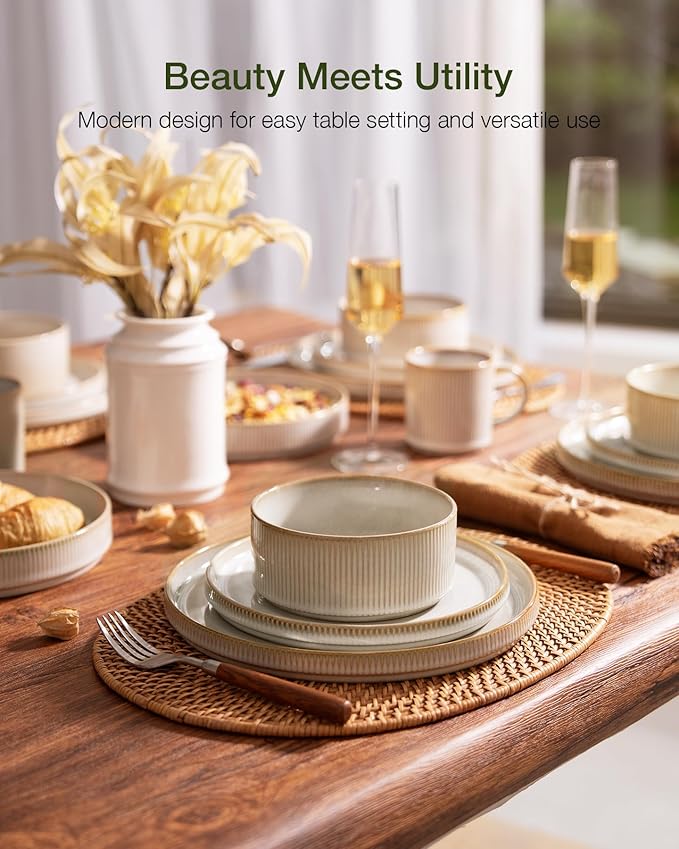 Famiware Star Plates and Bowls Sets Modern Stoneware Dinnerware Sets for 8 24-Piece Kitchen Dish Set - Microwave and Dishwasher Safe Chip and Scratch Resistant Cappuccino White