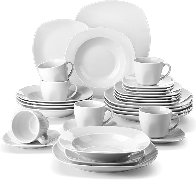 MALACASA 30 Piece Porcelain Dinnerware Set Grey White Dish Set for 6 Square Ceramic Dishware Sets Chip and Scratch Resistant Plates and Bowls Sets Cups and Saucers Series ELISA
