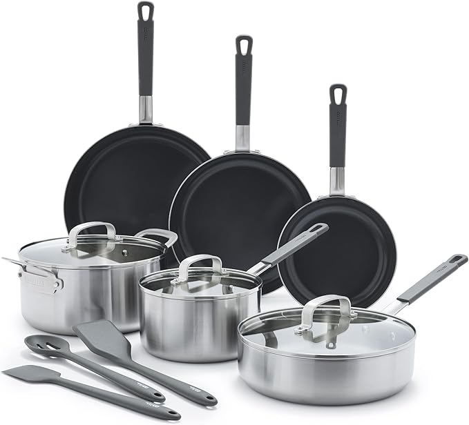 GreenPan x Bobby Flay Stainless Steel 12 Piece Cookware Pots &amp Pans Set Professional Grade Tri-Ply Multiclad PFAS-Free Ceramic Nonstick Induction Suitable Dishwasher &amp Oven SafeStay Cool