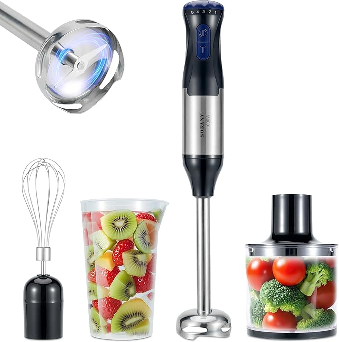 Immersion Blender 4 in 1 Hand Bender Max 1000W 5 Speeds &amp Turbo with Copper Motor Stainless Steel Blade Handheld Blender Stick Mixer with Egg Whisk 700ml Beaker &amp 500ml Chopper Bowl