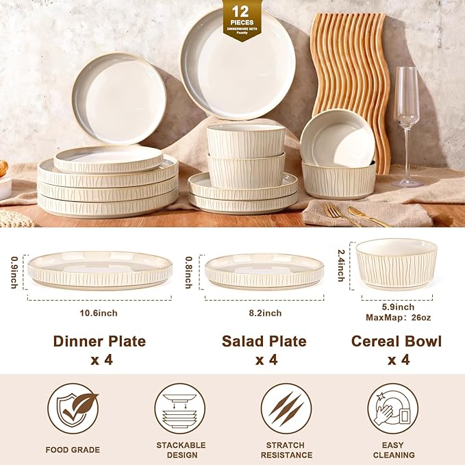 Stoneware Dinnerware Sets for 4 12 Pcs Ribbed Reactive Glaze Ceramic Plates and Bowls Sets Chip Resistant Microwave Dishwasher Safe Dish Set Housewarming Gifts Cappuccino White