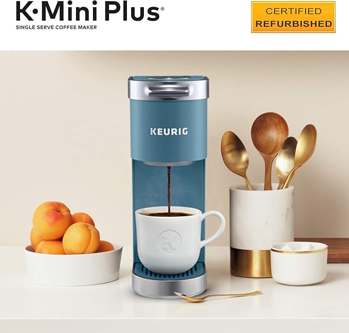Keurig K-Mini Plus Coffee Maker Certified Refurbished Single Serve K-Cup Pod Coffee Brewer Comes With 6 to 12 oz. Brew Size K-Cup Pod Storage and Travel Mug Friendly Evening Teal (Renewed)