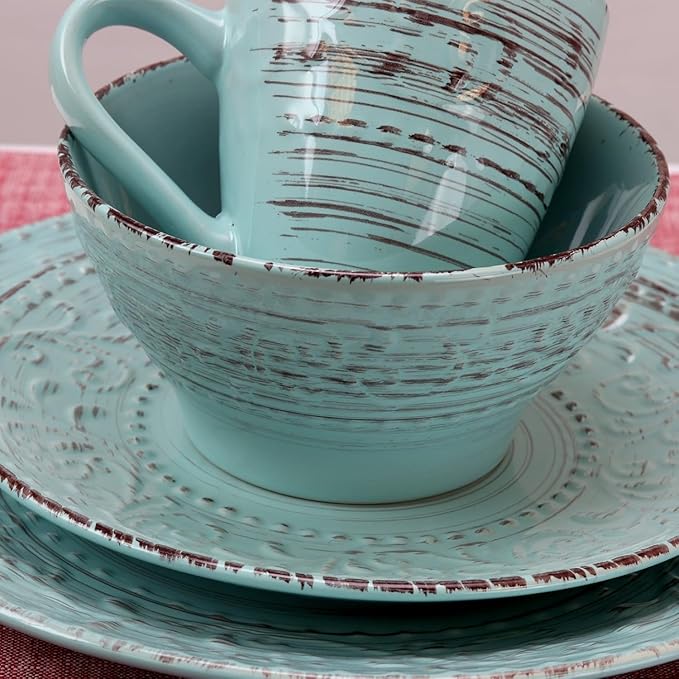 16-Piece Stoneware Dinnerware Set – Malibu Waves in Turquoise or Malibu Sands in Shell Service for 4 (Turquoise)