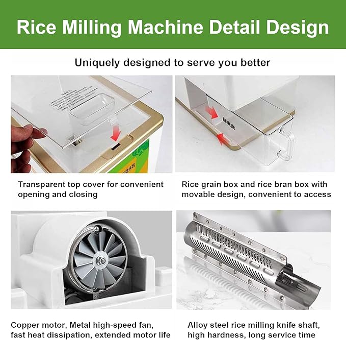 Household Rice Milling Peeling Machine Electric Paddy Rice Bran Separator 350 W Paddy Huller Sheller Hulling 8-Speed Fine Degree Adjustable Movable Rice Bran Box Alloy Steel Knife
