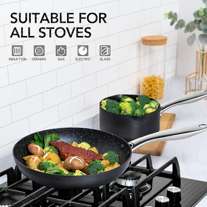 MICHELANGELO Hard Anodized Cookware Set - 10 Pcs Non Stick Pots and Pans Set with Granite Interior Induction Cookware Set with Steamer Insert