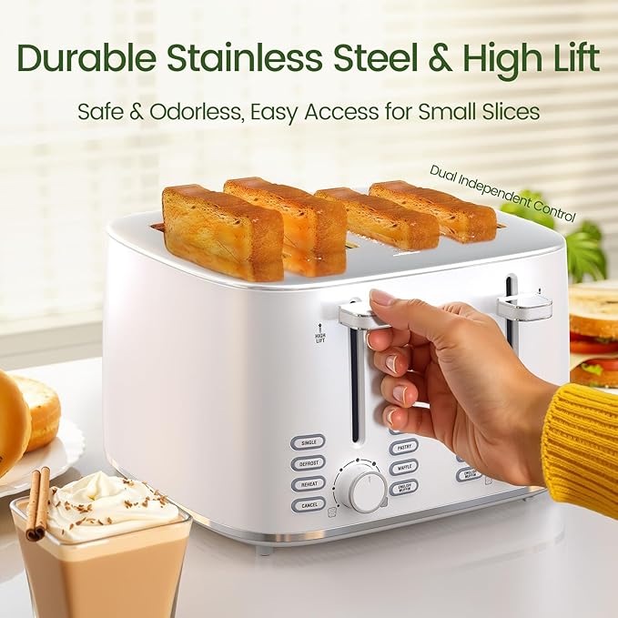 Topzee 4 Slice Toaster with Dual Independent Control 1.5” Wide Slots for Bagel Muffin Waffle Gluten Free Bread 7 Shade Settings Defrost &amp Reheat Stainless Steel Easy Clean White