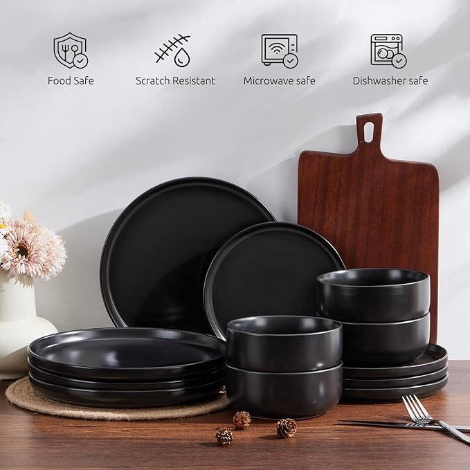 E-far Stoneware Dinnerware Sets for 6 18-Piece Plates and Bowls Set Modern Ceramic Dishes Dinning Ware Microwave &amp Dishwasher Safe - Matte Black