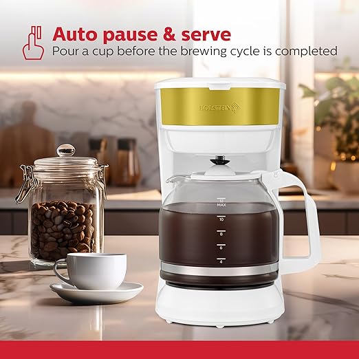 Holstein Housewares 12-Cup Coffee Maker 61oz Drip Coffee Machine with Glass Carafe Auto Pause &amp Serve Compact Design – Ideal for Home Office &amp Travel Coffee Brewing White and Gold