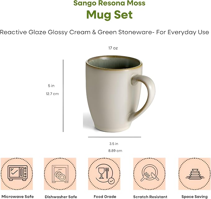 Sango Resona Moss Green Stoneware Mugs (Set of 4) – 12 fl. oz Durable Stoneware with Reactive Glaze Delicate Gray-Green Interior Microwave &amp Dishwasher Safe for Everyday Dining &amp Entertain