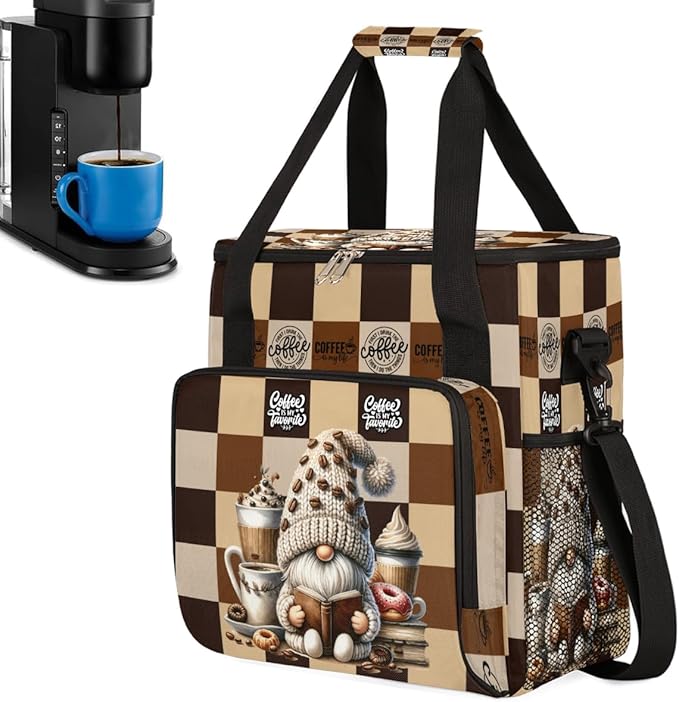 cfpolar Gnome Coffee Brown Coffee Maker Carrying Bag Coffees Machine Travel Storage Bag Compatible with K-Mini or K-Mini Plus Portable Single Serve Coffees Brewer Case with Pockets for K-Cup Pods