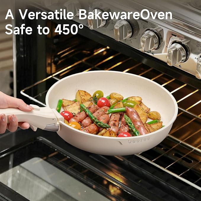 JEETEE Pots and Pans Set Non Stick 19pcs Kitchen Cookware Sets with Detachable Handle Induction Nonstick Cookware Set with Removable Handle Stackable RV Cookware Oven Safe PFAS/PFOA Free Beige