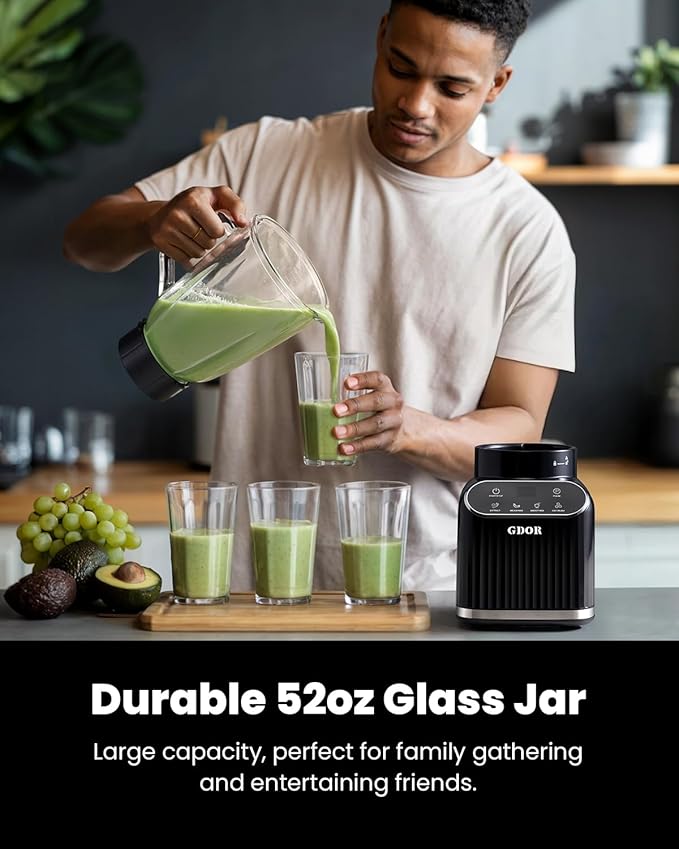 GDOR Professional Blender for Kitchen 1200 Peak Watts Smoothie Blender 5 Functions for Ice Crushing &amp Frozen Fruit 52 Oz Glass Jar &amp 24 Oz To-Go Cup Combo Self-Cleaning Black