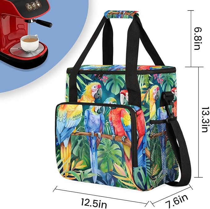 Parrot Tropical Palm Leaves Travel Coffee Maker Carrying Bag Large Organizer Storage Tote Bag Insulated Reusable Cooler Grocery Bags
